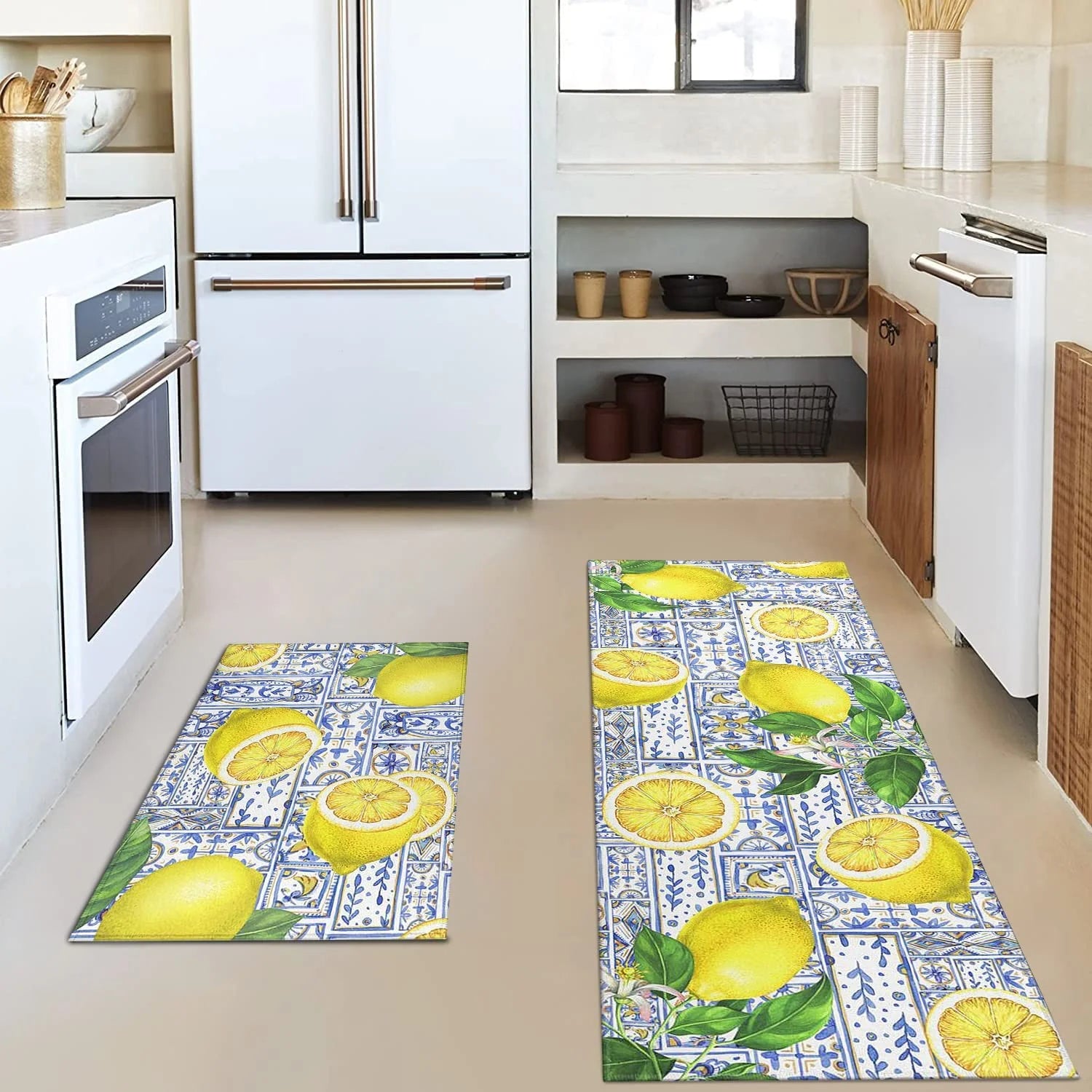Lemon Kitchen Rug Mat Set of 2 Kitchen Floor Mats Non Slip Washable Kitchen Runner Rug Lemon Kitchen Decor Decorations Blue