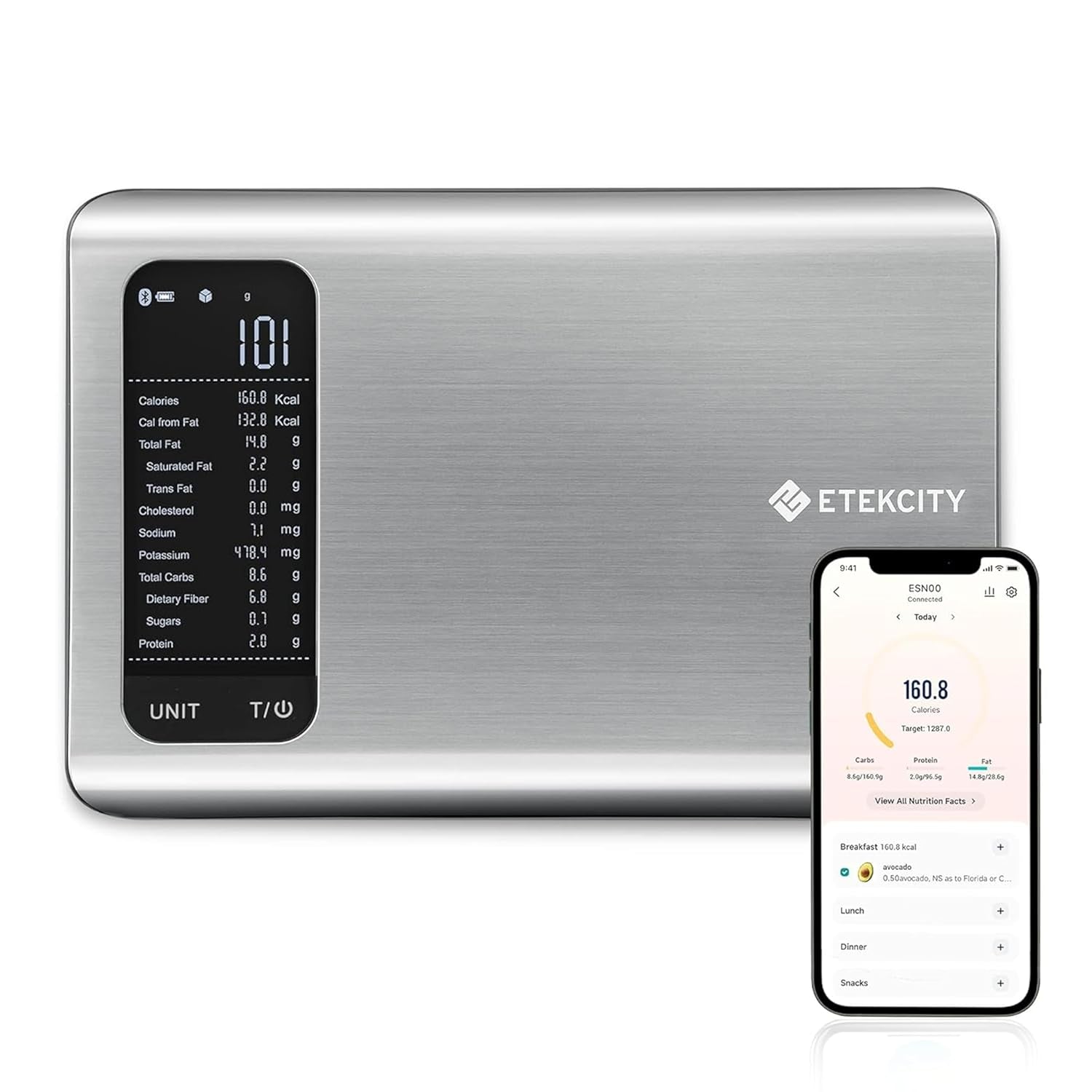 Smart Food Kitchen Scale with Nutritional Calculator, Free App with 19 Nutrients Tracking, Calorie, Marco, Digital Grams and Ounces for Weight Loss, Premium Stainless Steel, 11Lb