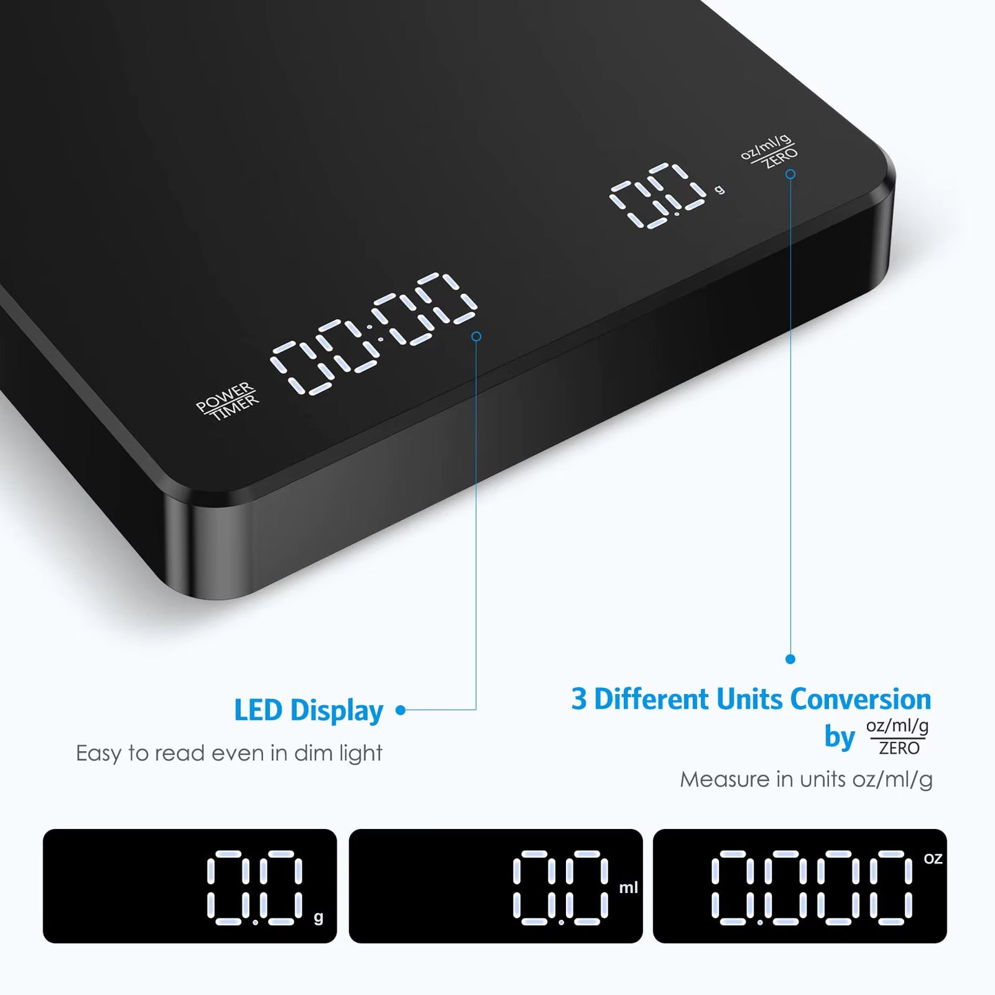 Coffee Scale with Positive and Negative Timer 3Kg/0.1G High Precision Kitchen Digital Food Scale Matte Black Espresso Scale