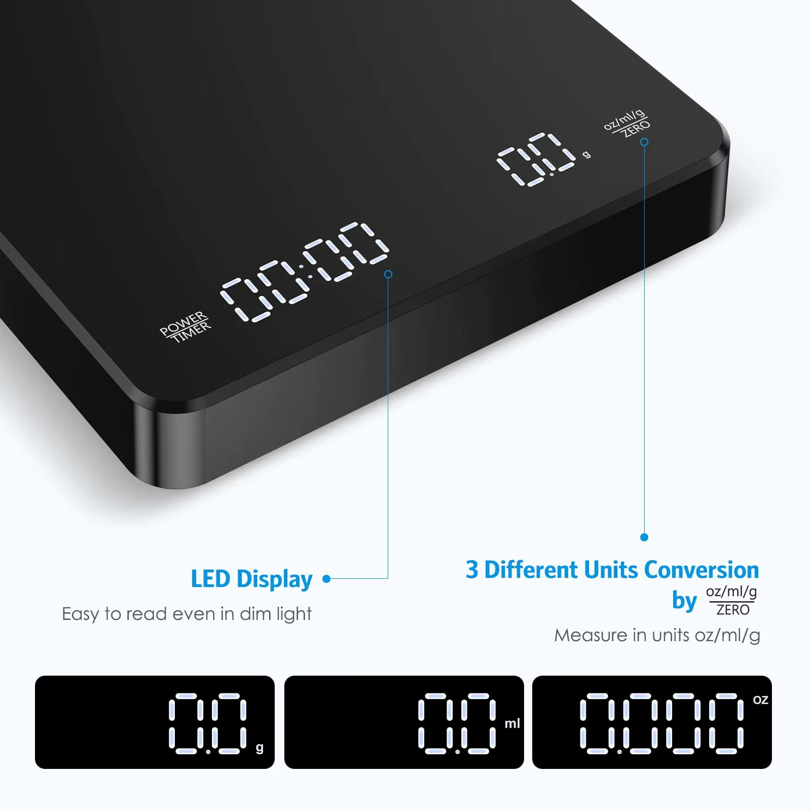 Coffee Scale with Positive and Negative Timer 3Kg/0.1G High Precision Kitchen Digital Food Scale Matte Black Espresso Scale