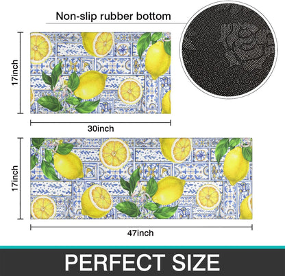 Lemon Kitchen Rug Mat Set of 2 Kitchen Floor Mats Non Slip Washable Kitchen Runner Rug Lemon Kitchen Decor Decorations Blue