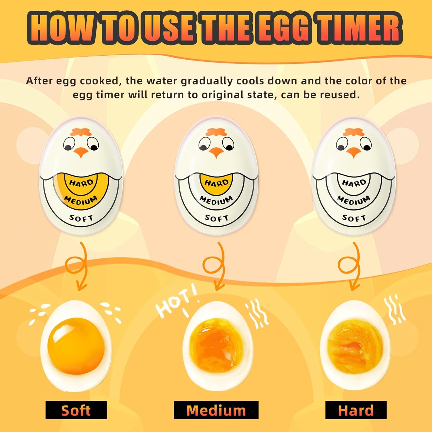 Egg Timer for Hard Boiled Eggs Soft Boiled Color Changing Indicator Tells When Eggs Are Ready, Yellow 2Pcs