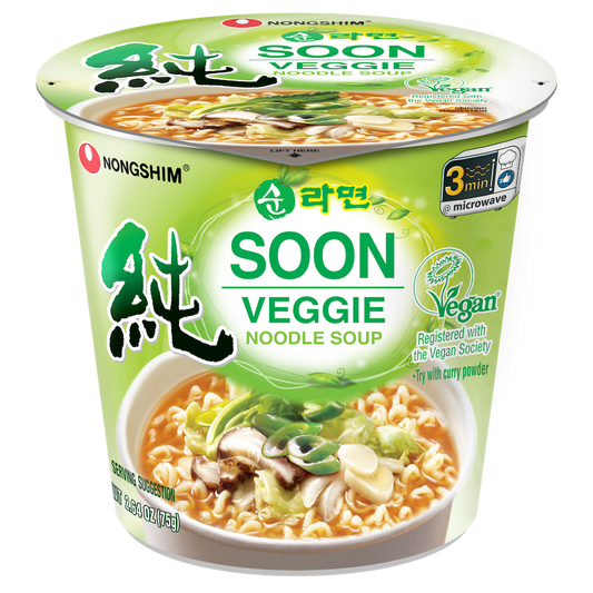 Nongshim Soon Veggie Cup – Vegan Mild Korean Ramen (6 Pack) | Plant-Based Noodles with Clean, Comforting Flavor