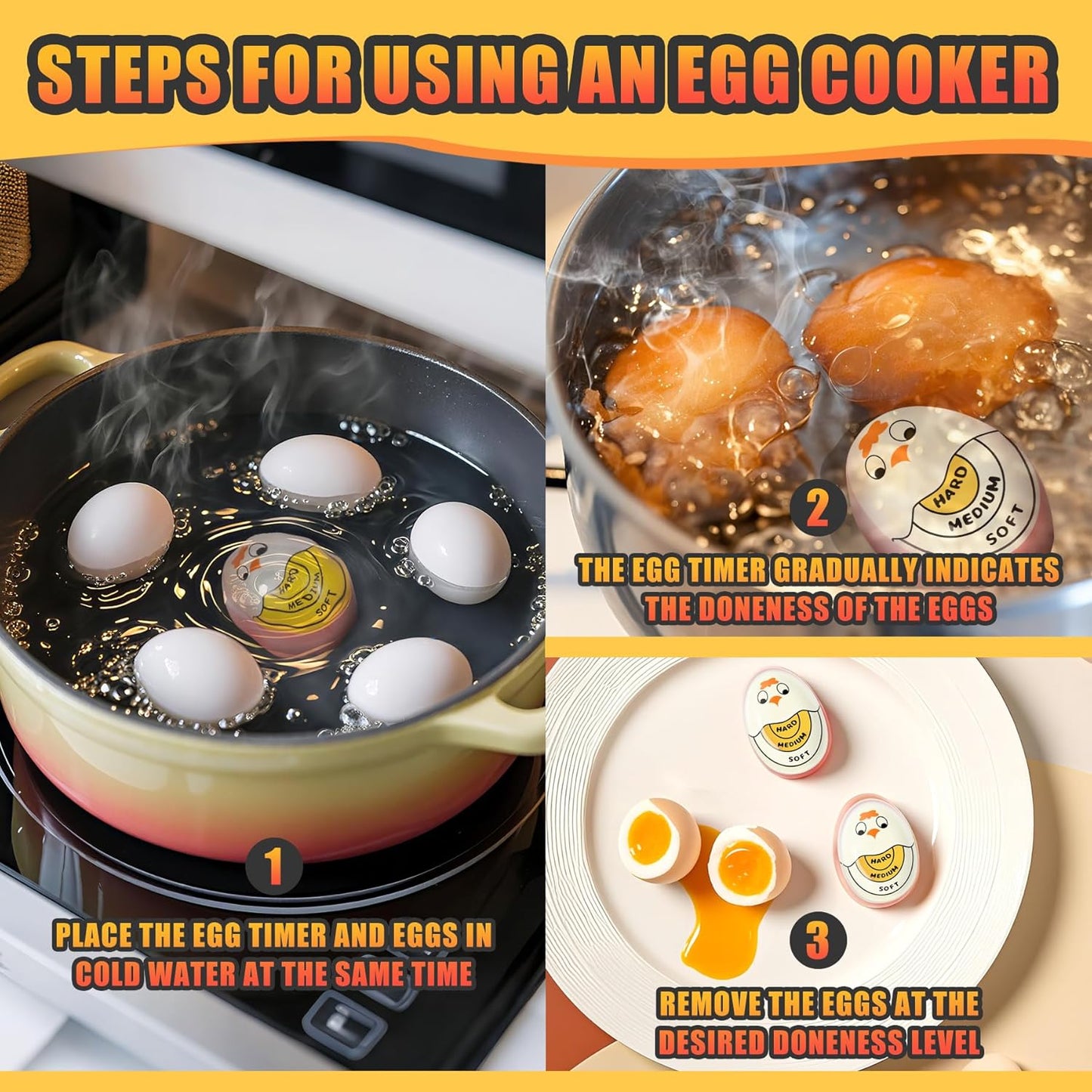 Egg Timer for Hard Boiled Eggs Soft Boiled Color Changing Indicator Tells When Eggs Are Ready, Yellow 2Pcs