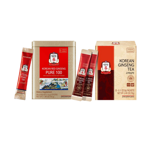Korean Red Ginseng Wellness Bundle – Korean Red Ginseng Powder Pure 100 (28 sticks) + Red Ginseng Tea (25 packs)