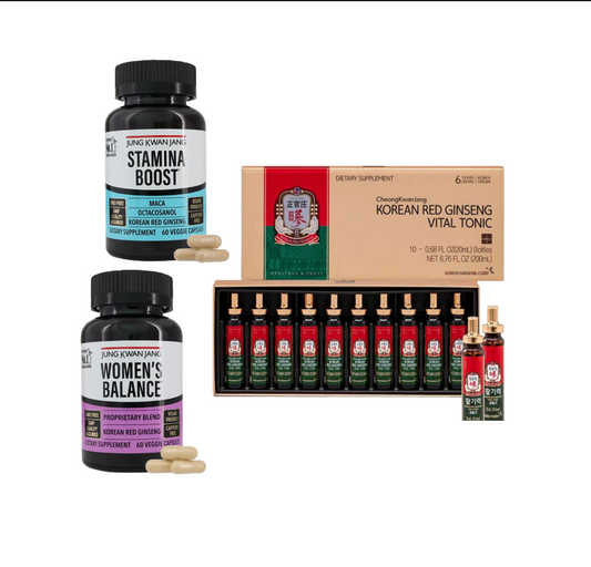 Korean Ginseng Total Vitality Bundle – Women's Balance (60 capsules) + Stamina Boost (60 capsules) + Vital Tonic Support (10 bottles)