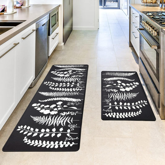 Kitchen Mats for Floor Kitchen Rugs Set Waterproof Cushioned anti Fatigue Non Slip Kitchen Mat Kitchen Sink Mats for Floor, Laundry, Bathroom, Office，17"X47"+17"X29", Black and White