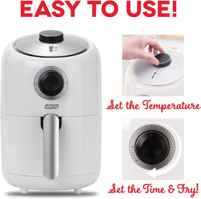 Compact Air Fryer Oven Cooker with Temperature Control, Non-Stick Fry Basket, Recipe Guide + Auto Shut off Feature, 2 Quart - White