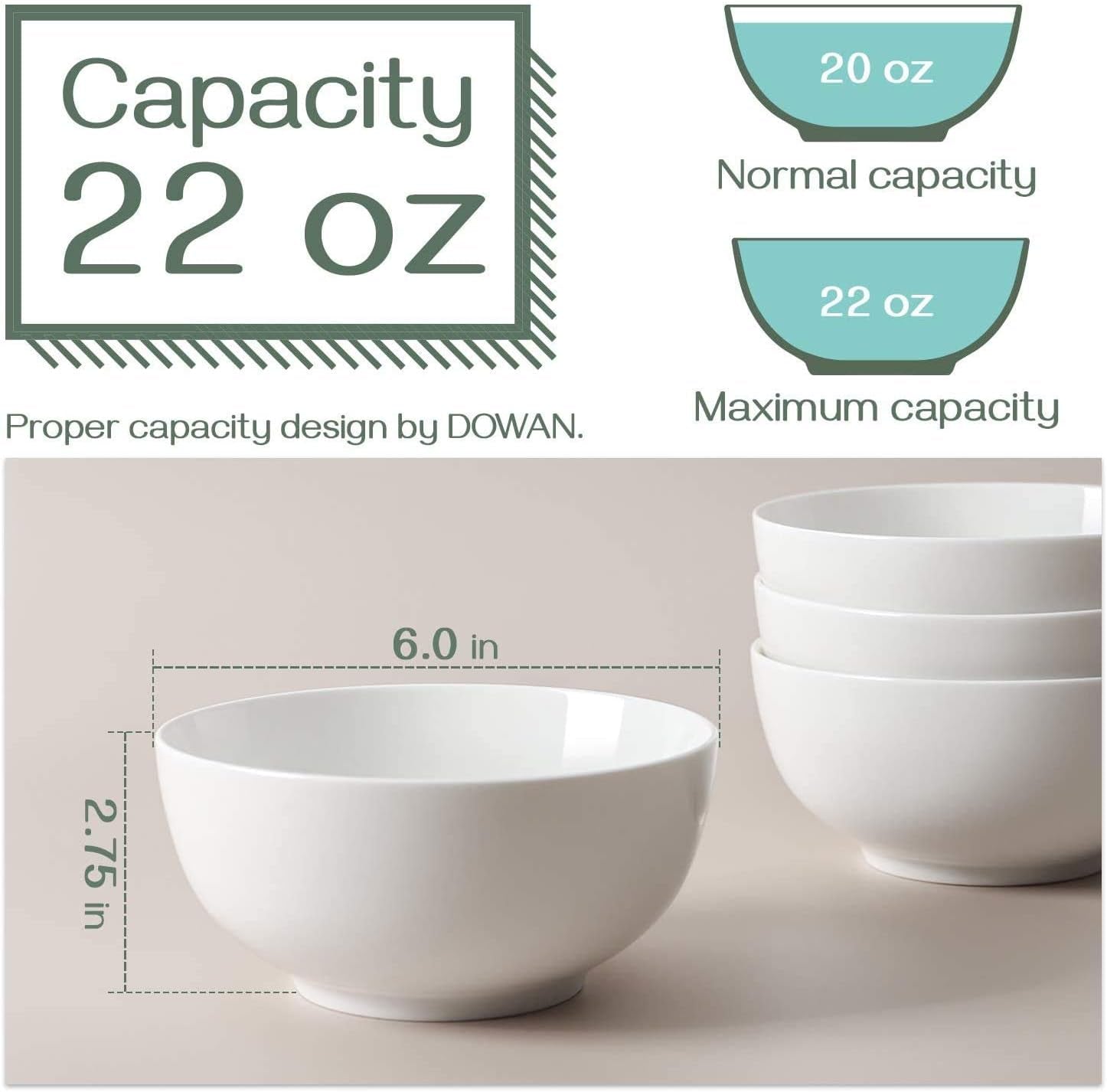 22 Ounce Soup and Cereal Bowls, Porcelain Serving Salad Bowls, Dishwasher & Microwave Safe, Centerpiece Serving Bowls, White,Bowl Set for Rice Pasta Oatmeal