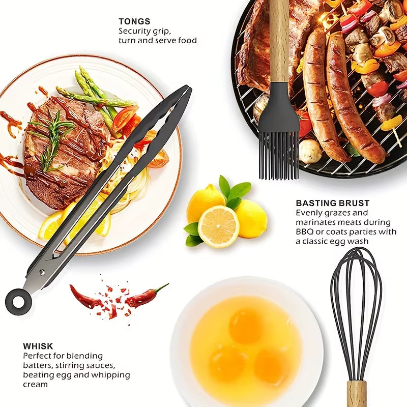 Kitchen Silicone Cooking Utensils, 12 Pc Kitchen Utensil Set, Wooden Kitchen Utensils, Kitchen Gadgets and Spatula Set