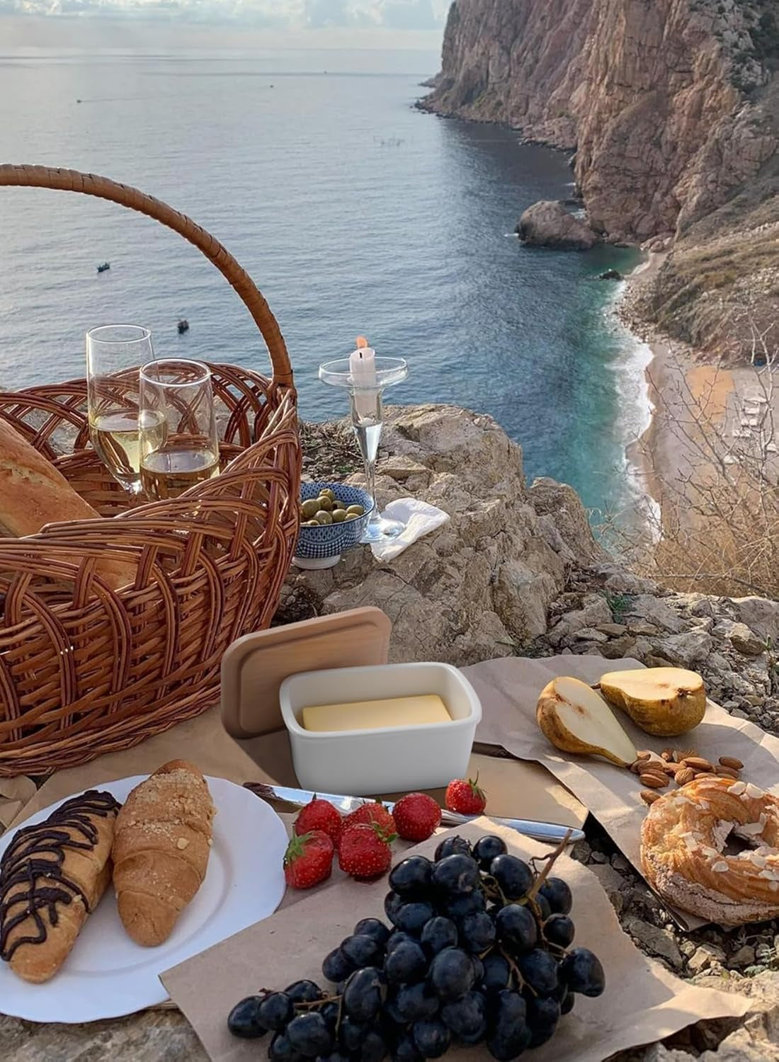 Butter Dish with Lid, Large Porcelain Keeper with Beech Wooden Lid for Countertop, Perfect for East and West Coast Butter, White