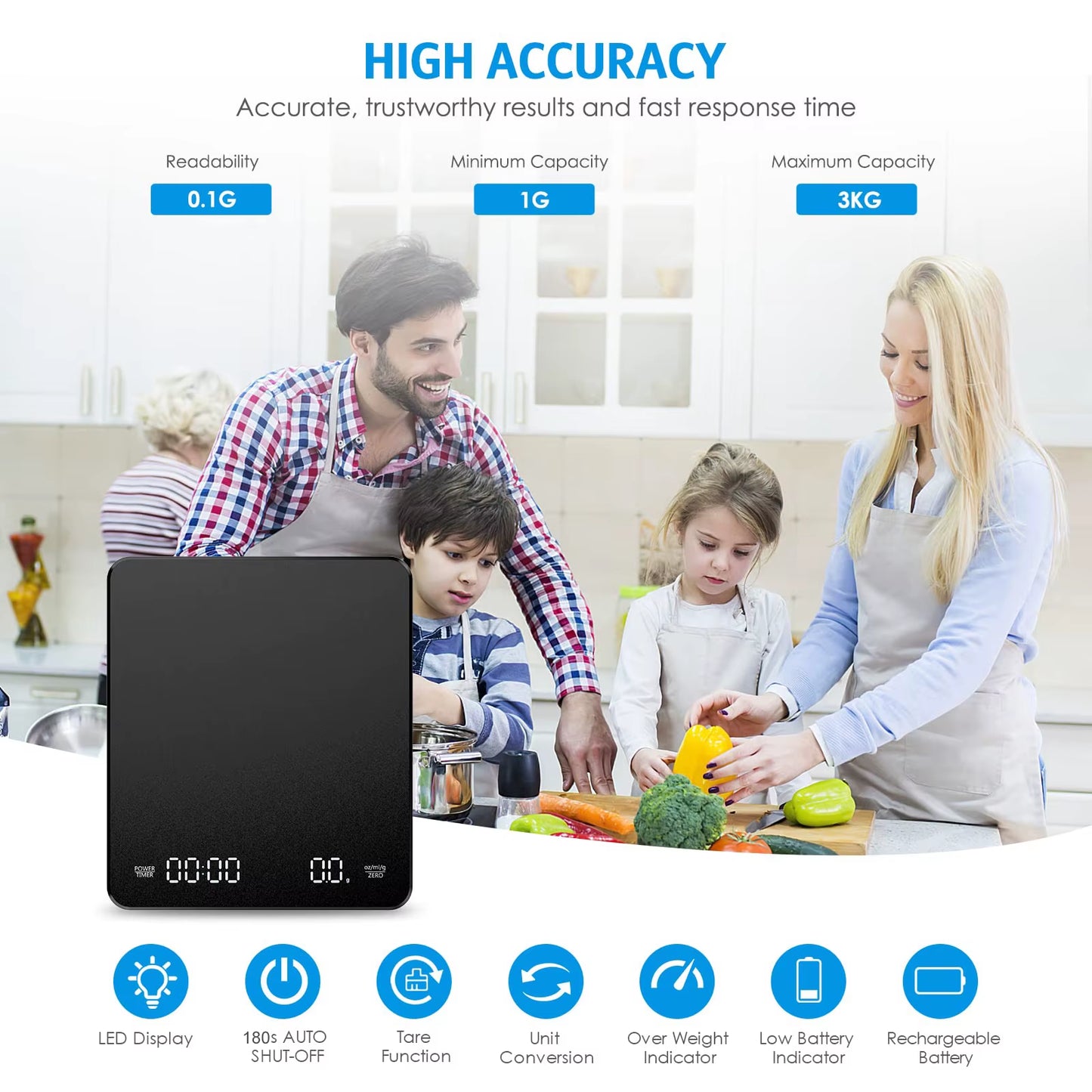 Coffee Scale with Positive and Negative Timer 3Kg/0.1G High Precision Kitchen Digital Food Scale Matte Black Espresso Scale